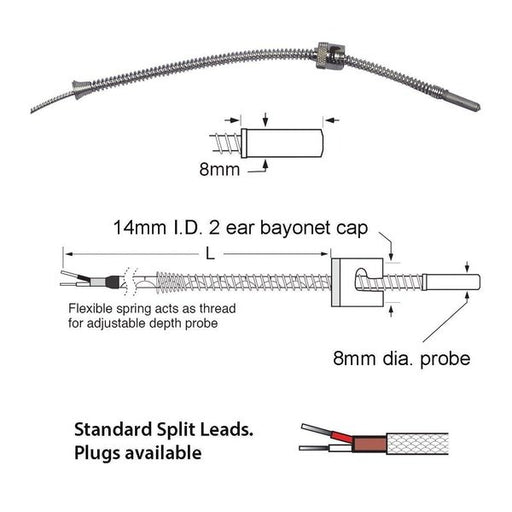 Standard Thermocouple - Adjustoflex Thermocouple 6 Or 8mm Probe, 14mm ID Cap